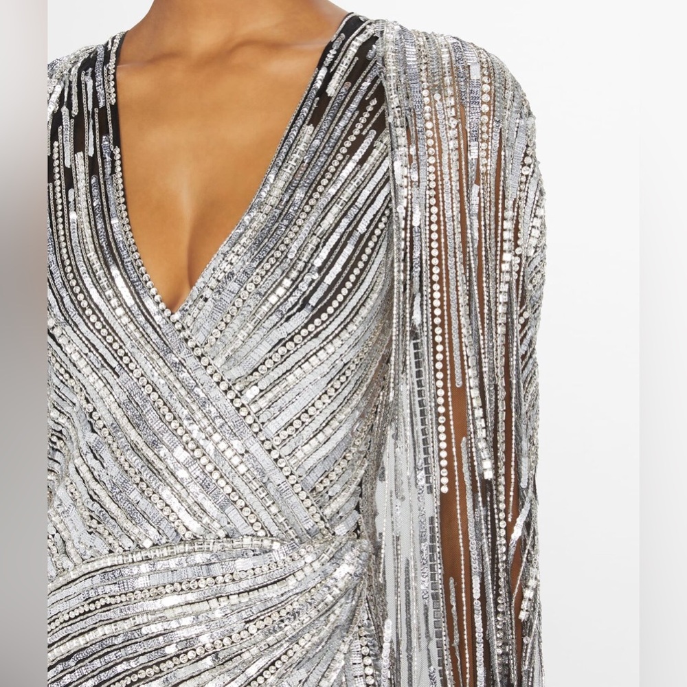 Pamella Roland Sequined Tulle Cape Gown Long Dress - Picture 16 of 16